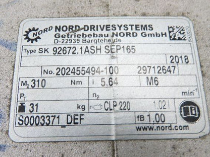 Nord SK92672.1ASH SEP165 Helical Reducer 5.64:1 Gearbox 310 RPM Hollow Shaft