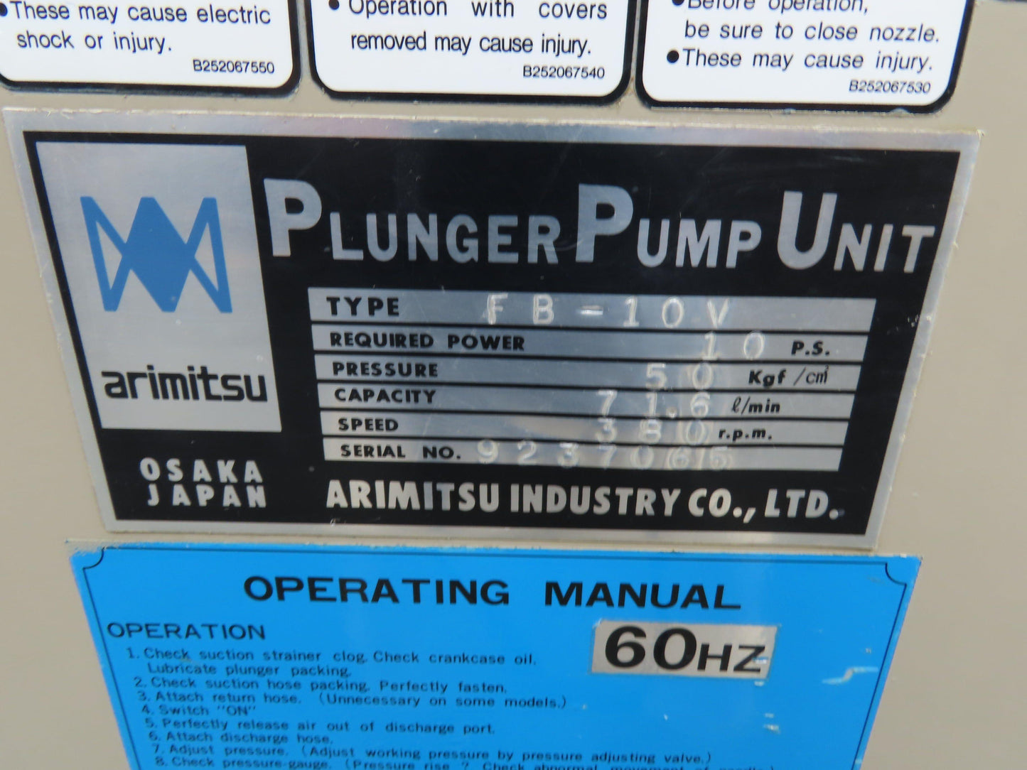 Arimitsu FB-10V High Pressure Plunger Pump 4.9MPa 710PSI 18.9GPM 3Ph 7.5kw 480V