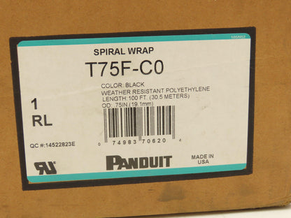 Panduit T75F-C0 Spiral Wrap Cable Sleeve Tubing 3/4"x 100' Black Polyethylene