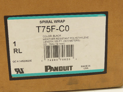 Panduit T75F-C0 Spiral Wrap Cable Sleeve Tubing 3/4"x 100' Black Polyethylene