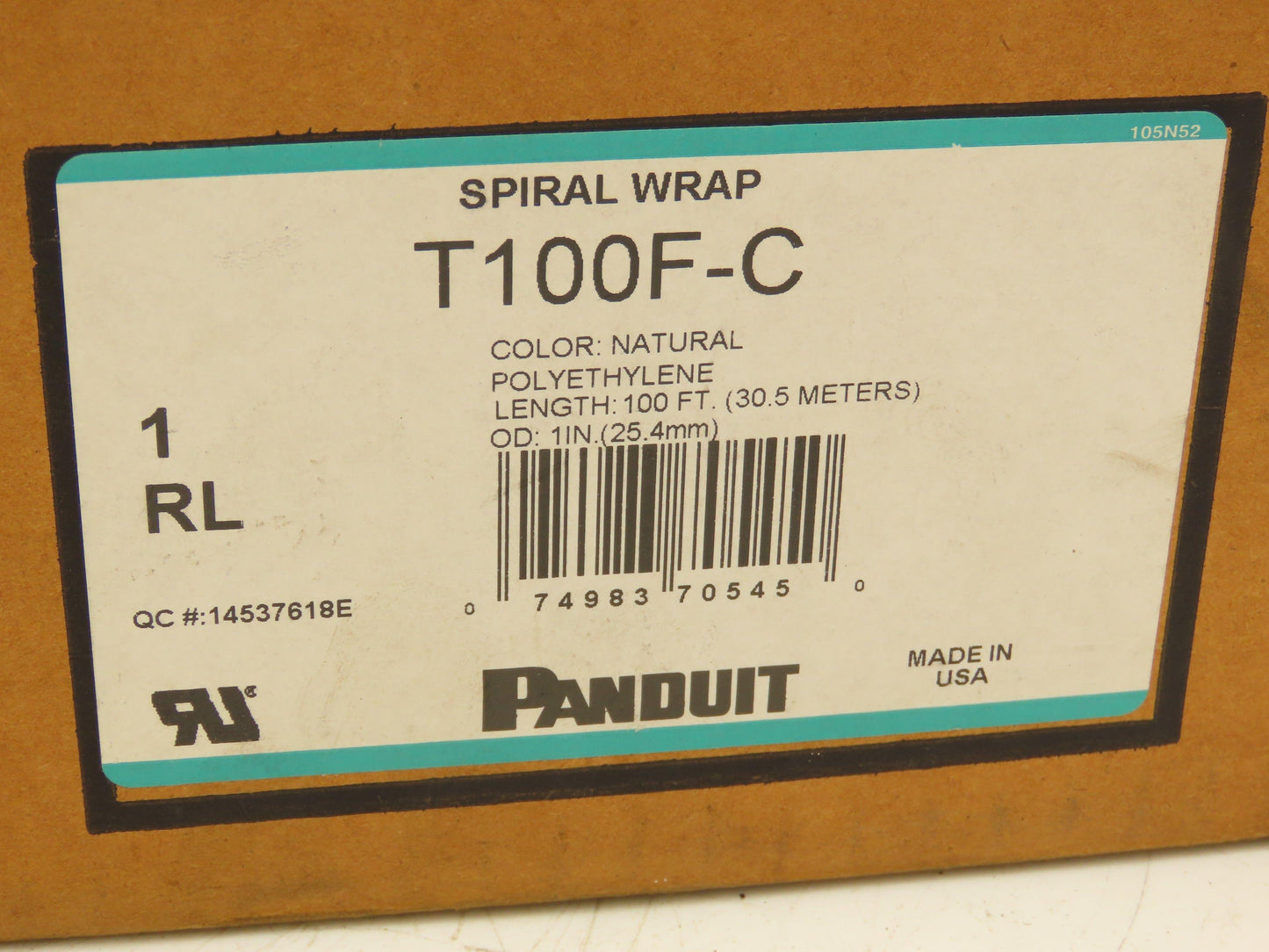 Panduit T100F-C Spiral Wrap Cable Sleeve Tubing 1"x 100' Polyethylene Natural