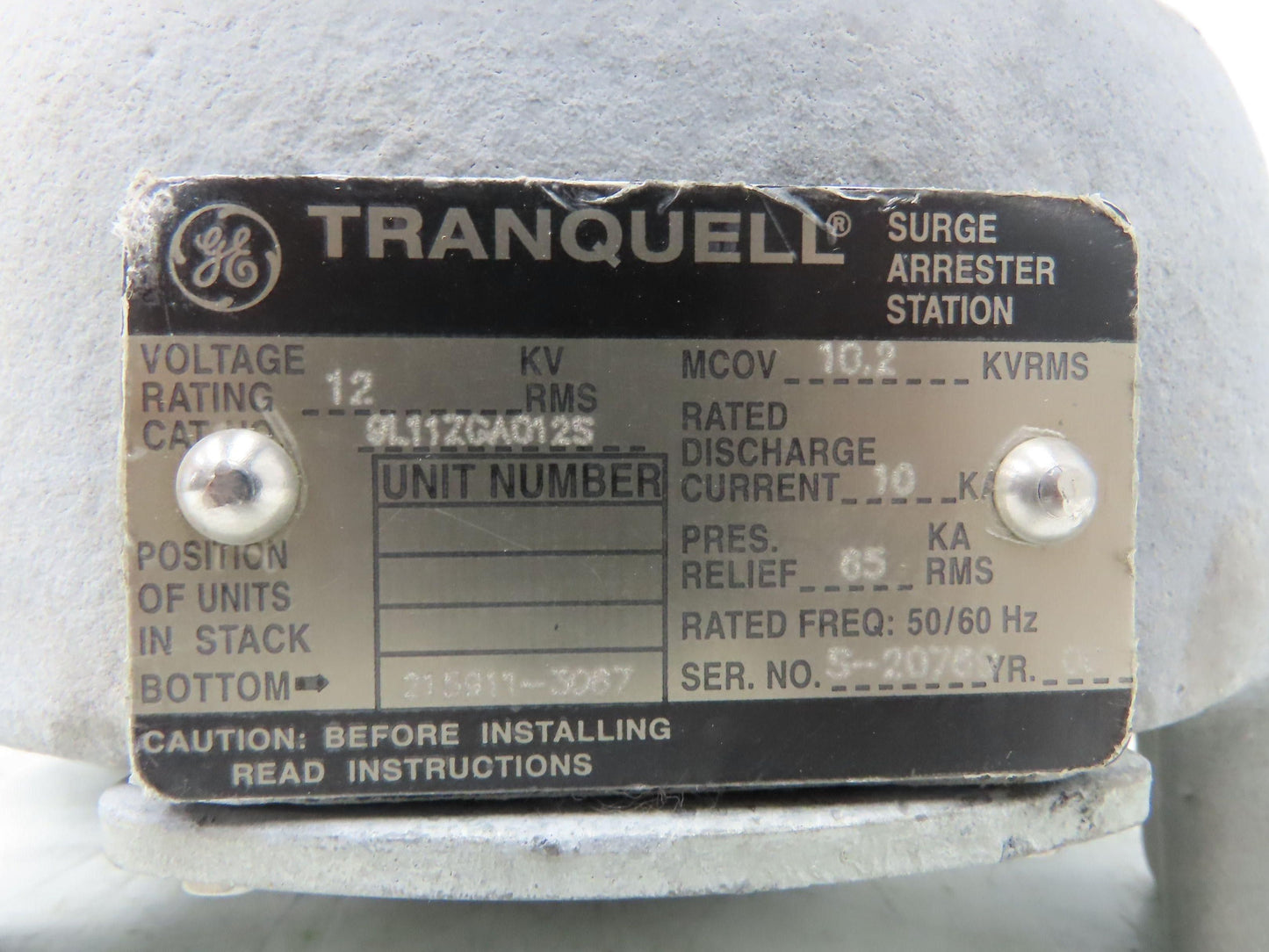 GE Tranquell 9L11ZGA012S Station Class Surge Arrester 12 kVrms Porcelain