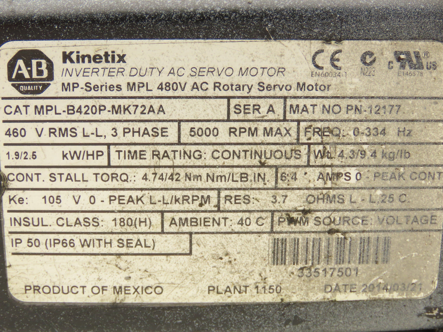 Allen Bradley MPL-B420P-MK72AA Kinetix AC Servo Motor 2.6Hp 5000 RPM 460V 3PH