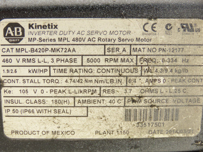 Allen Bradley MPL-B420P-MK72AA Kinetix AC Servo Motor 2.6Hp 5000 RPM 460V 3PH
