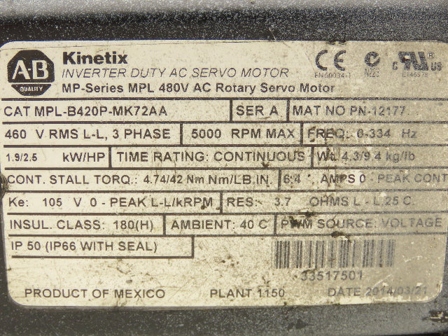 Allen Bradley MPL-B420P-MK72AA Kinetix AC Servo Motor 2.6Hp 5000 RPM 460V 3PH