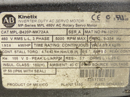 Allen Bradley MPL-B420P-MK72AA Kinetix AC Servo Motor 2.6Hp 5000 RPM 460V 3PH