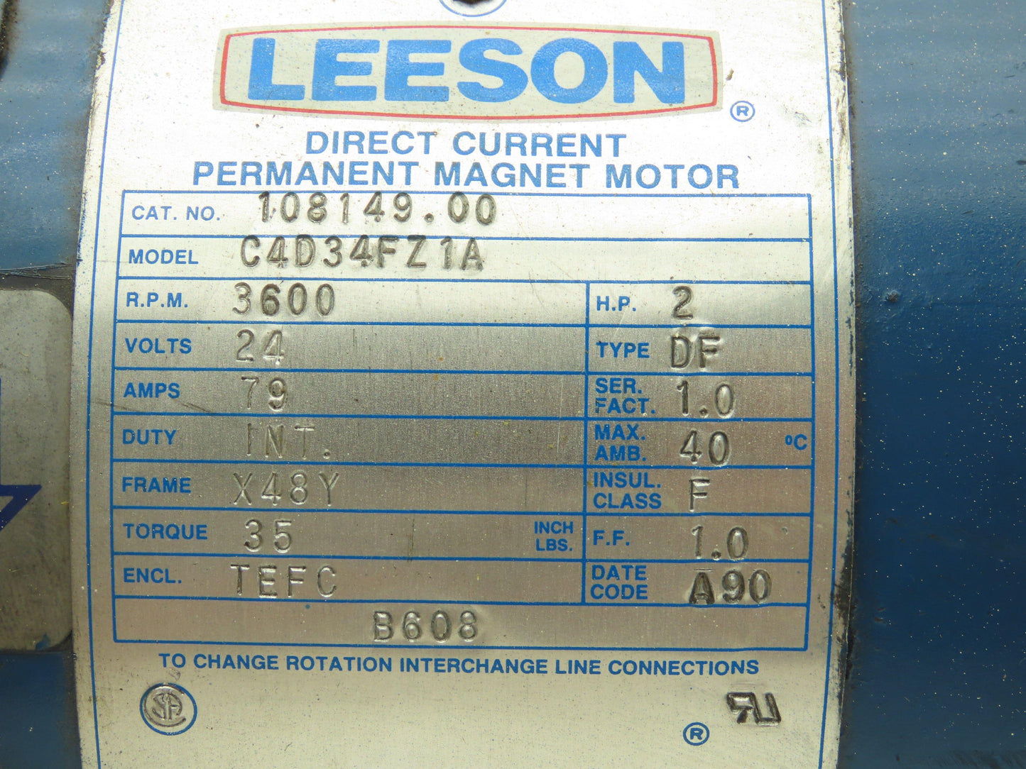 Leeson 108149.00 Pump Motor 24VDC 2Hp 3600 RPM X48Y Slotted Shaft C4D34FZ1A