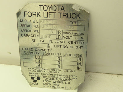 Toyota 5FBE15 Hydraulic Brake Pedal Assembly Master Cylinder