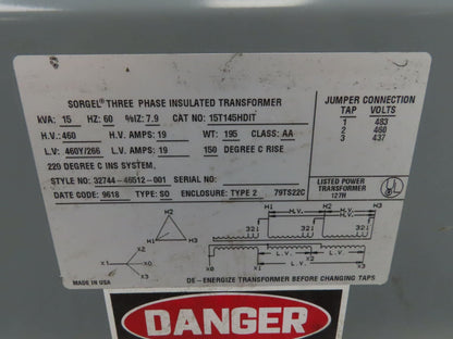 Square D 15T145HDIT Power Transformer 15kVA 3Ph HV 480D LV 460Y/266V Wye Output