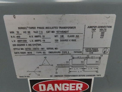 Square D 15T145HDIT Power Transformer 15kVA 3Ph HV 480D LV 460Y/266V Wye Output