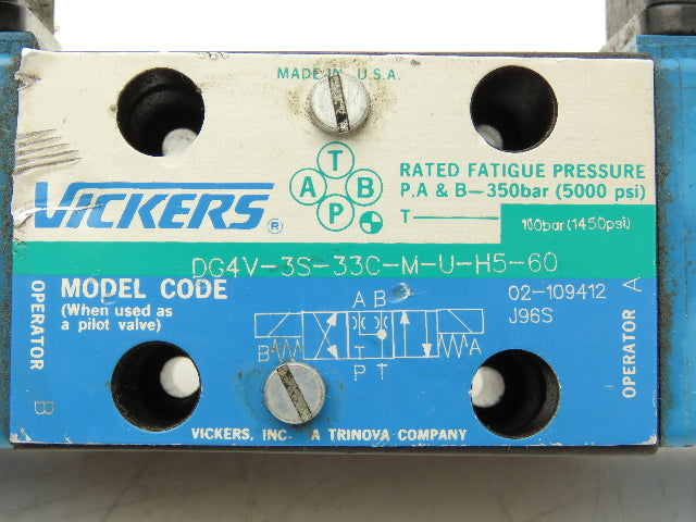 Eaton Vickers DG4V-3S-33C-M-U-H5-60 Hydraulic Directional Valve 24VDC Solenoid