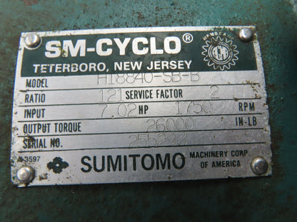 Sumitomo H18840-SB-B SM-Cyclo Inline Gearbox 121:1 Reducer 14rpm 7Hp 26000 In-Lb