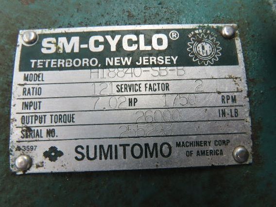 Sumitomo H18840-SB-B SM-Cyclo Inline Gearbox 121:1 Reducer 14rpm 7Hp 26000 In-Lb