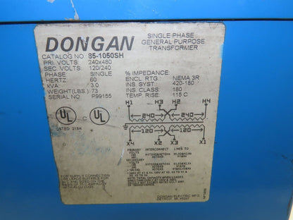 Dongan 85-1050SH Transformer 3KVA 1PH 240v/480v Pri 120v/240v Sec Wall Mount 3R