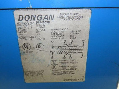 Dongan 85-1050SH Transformer 3KVA 1PH 240v/480v Pri 120v/240v Sec Wall Mount 3R