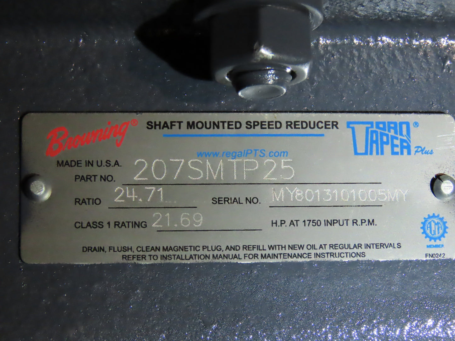 Browning 207SMTP25 Torque Taper Shaft Mount Reducer 25:1 Gearbox 21Hp 70 RPM