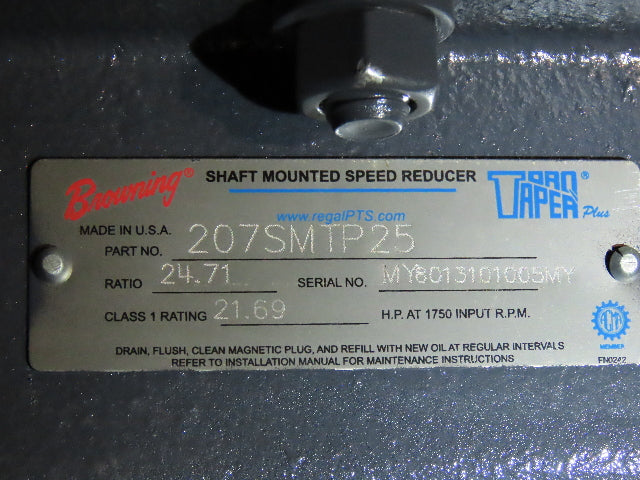 Browning 207SMTP25 Torque Taper Shaft Mount Reducer 25:1 Gearbox 21Hp 70 RPM