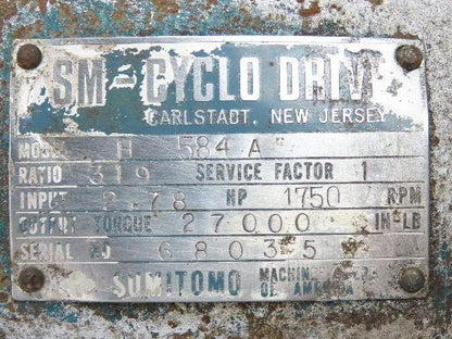 Sumitomo H 584A SM-Cyclo Inline Gearbox 319:1 Reducer 5.5rpm 2.7Hp 27000 In-Lb