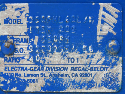 Regal Electra Gear 350PML40L Double Reduction Gearbox 815:1 Reducer 1/2 RPM