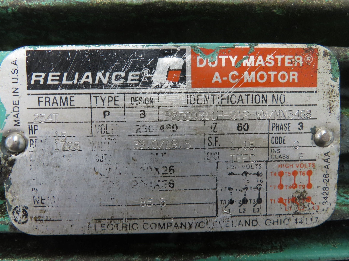 Reliance P25G0311H-G12 Duty Master AC Motor 15Hp 1765 RPM 230/460V 3PH 254T