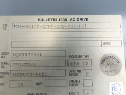 AB 1336-B010-EOD-FA2-L3 AC Drive 3Ph 10Hp 460V Electrical Enclosure