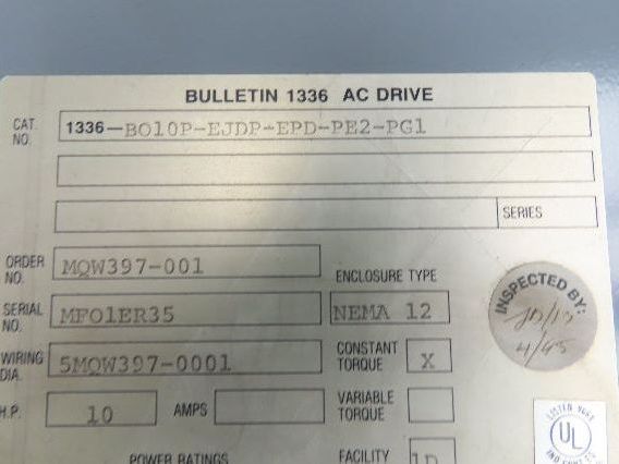 AB 1336-B010-EOD-FA2-L3 AC Drive 3Ph 10Hp 460V Electrical Enclosure