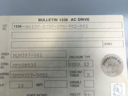 AB 1336-B010-EOD-FA2-L3 AC Drive 3Ph 10Hp 460V Electrical Enclosure