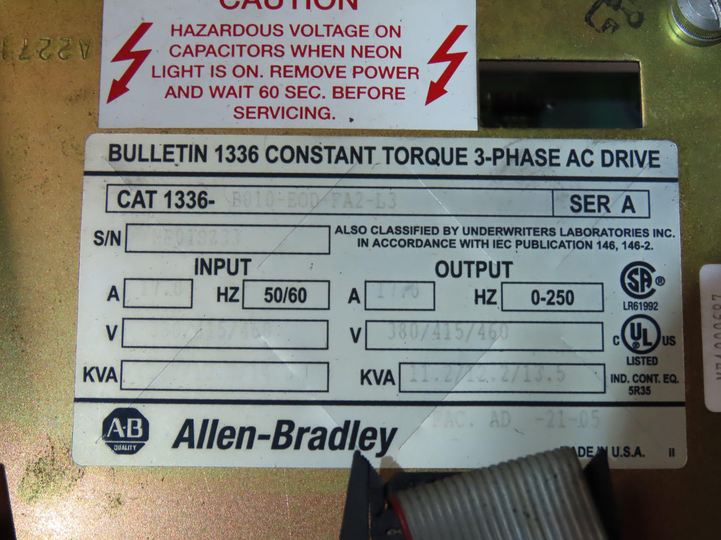 AB 1336-B010-EOD-FA2-L3 AC Drive 3Ph 10Hp 460V Electrical Enclosure
