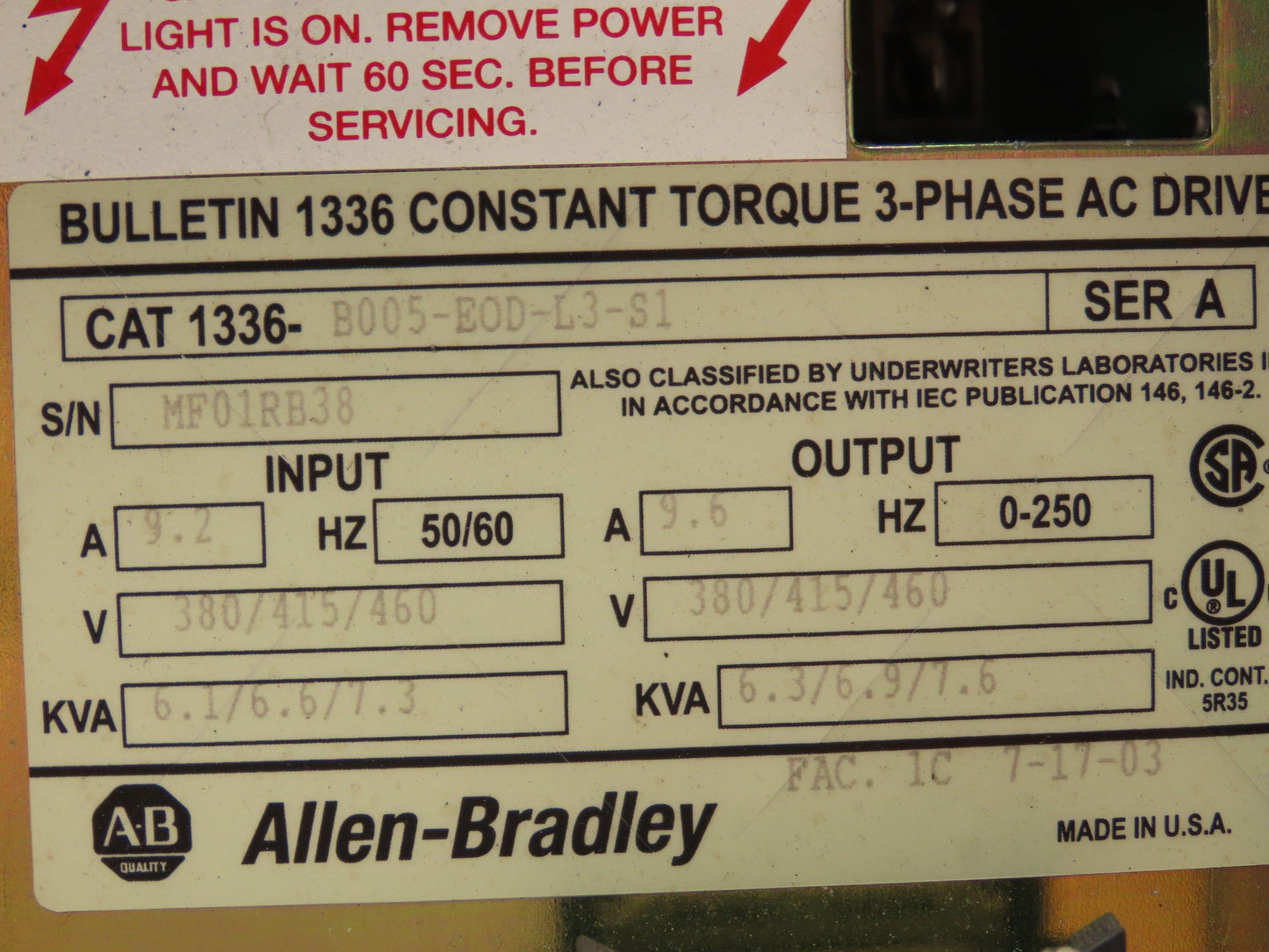 Allen Bradley 1336-B005-EOD-L3-S1 Variable Frequency AC Drive 5Hp 460V 3PH VFD