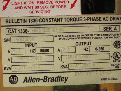 Allen Bradley 1336-B005-EOD-L3-S1 Variable Frequency AC Drive 5Hp 460V 3PH VFD