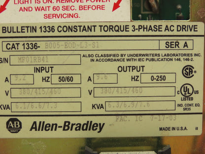 Allen Bradley 1336-B005-EOD-L3-S1 Variable Frequency AC Drive 5Hp 460V 3PH VFD