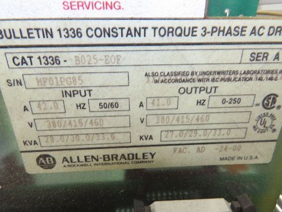 Allen Bradley 1336-B025-EOF Variable Frequency AC Drive 25Hp 460V 3PH VFD
