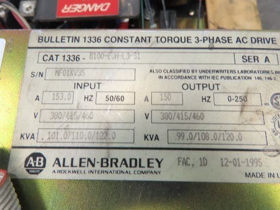 Allen Bradley 1336-B100-EOH-L3-S1 Variable Frequency AC Drive 100Hp 460V 3Ph VFD