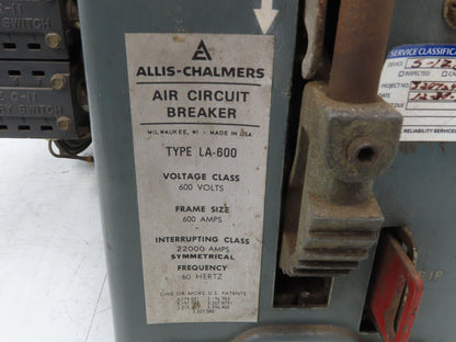 Allis Chalmers LA-600 Air Circuit Breaker 600VAC 600A Switchgear Static Trip II