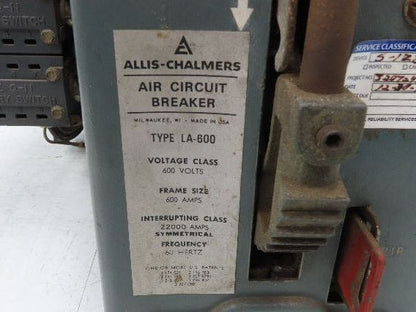 Allis Chalmers LA-600 Air Circuit Breaker 600VAC 600A Switchgear Static Trip II