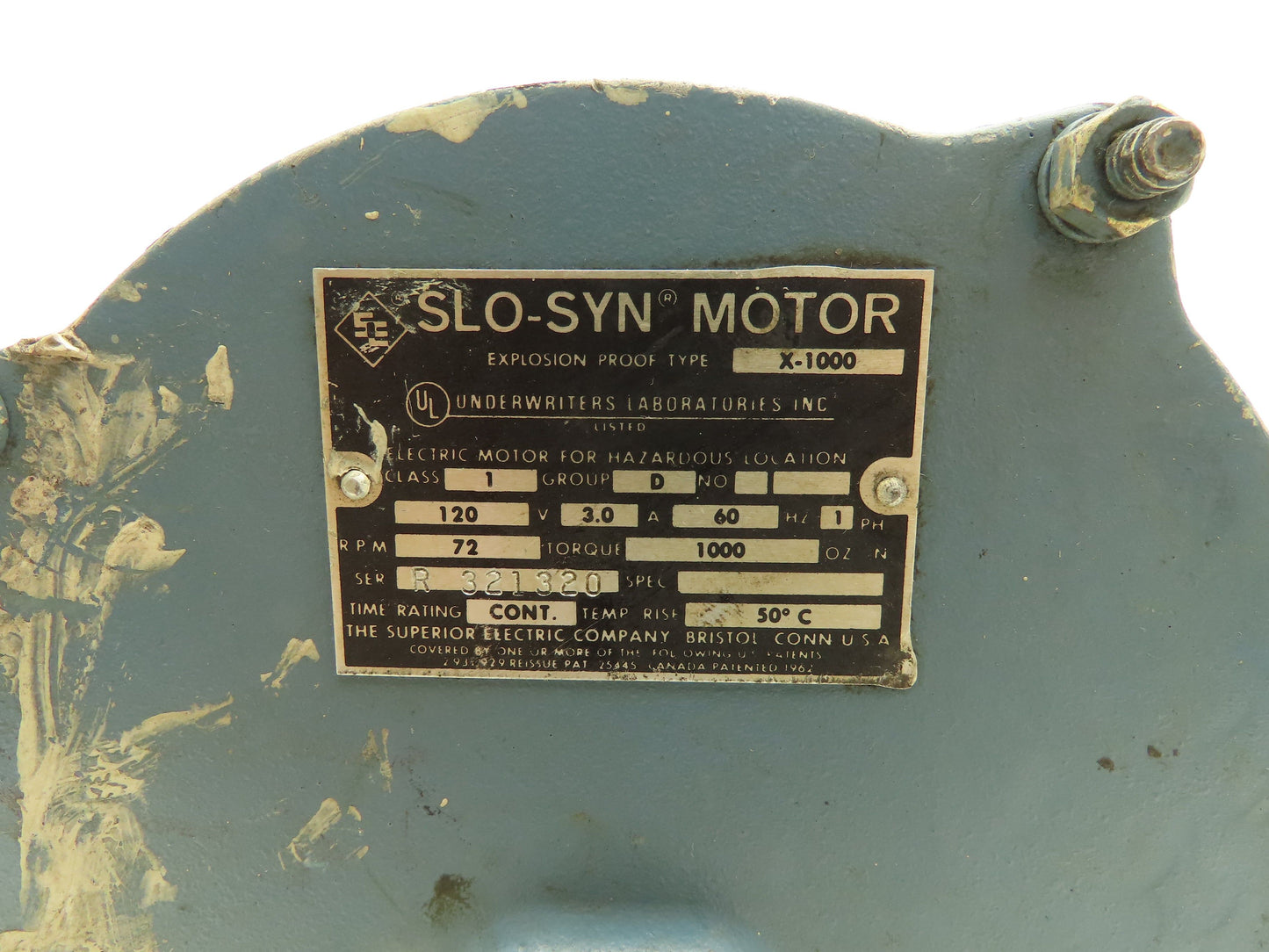Superior Slo-Syn X-1000 Explosion Proof AC Stepper Motor 72RPM 120V 1000 Oz-Lb