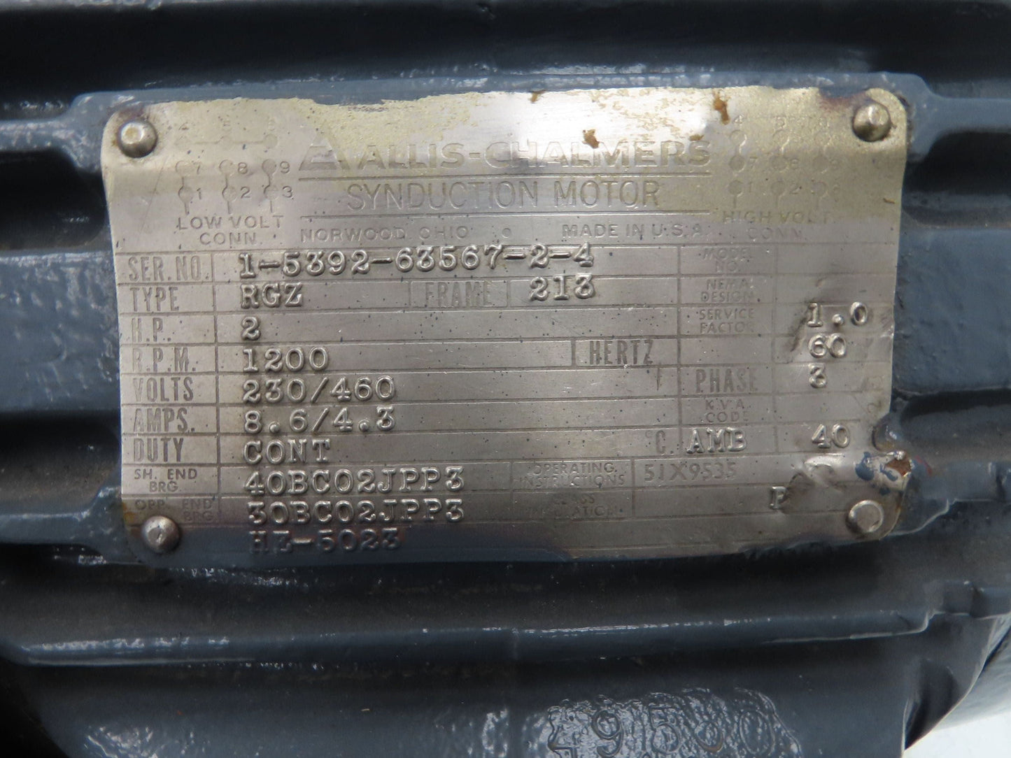 Allis Chalmers RGZ Synduction AC Motor 2Hp 1200 RPM 230/460V 3PH 213 Frame