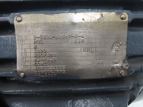 Allis Chalmers RGZ Synduction AC Motor 2Hp 1200 RPM 230/460V 3PH 213 Frame