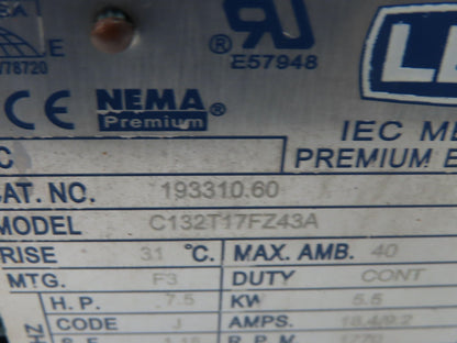 Leeson C132T17FZ43A 193310.60 IEC Metric Motor 7.5Hp 1770rpm 230/460V 3PH DF132S