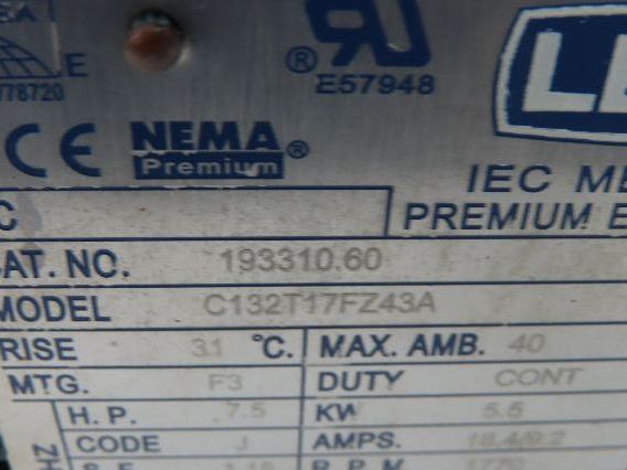 Leeson C132T17FZ43A 193310.60 IEC Metric Motor 7.5Hp 1770rpm 230/460V 3PH DF132S