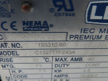 Leeson C132T17FZ43A 193310.60 IEC Metric Motor 7.5Hp 1770rpm 230/460V 3PH DF132S