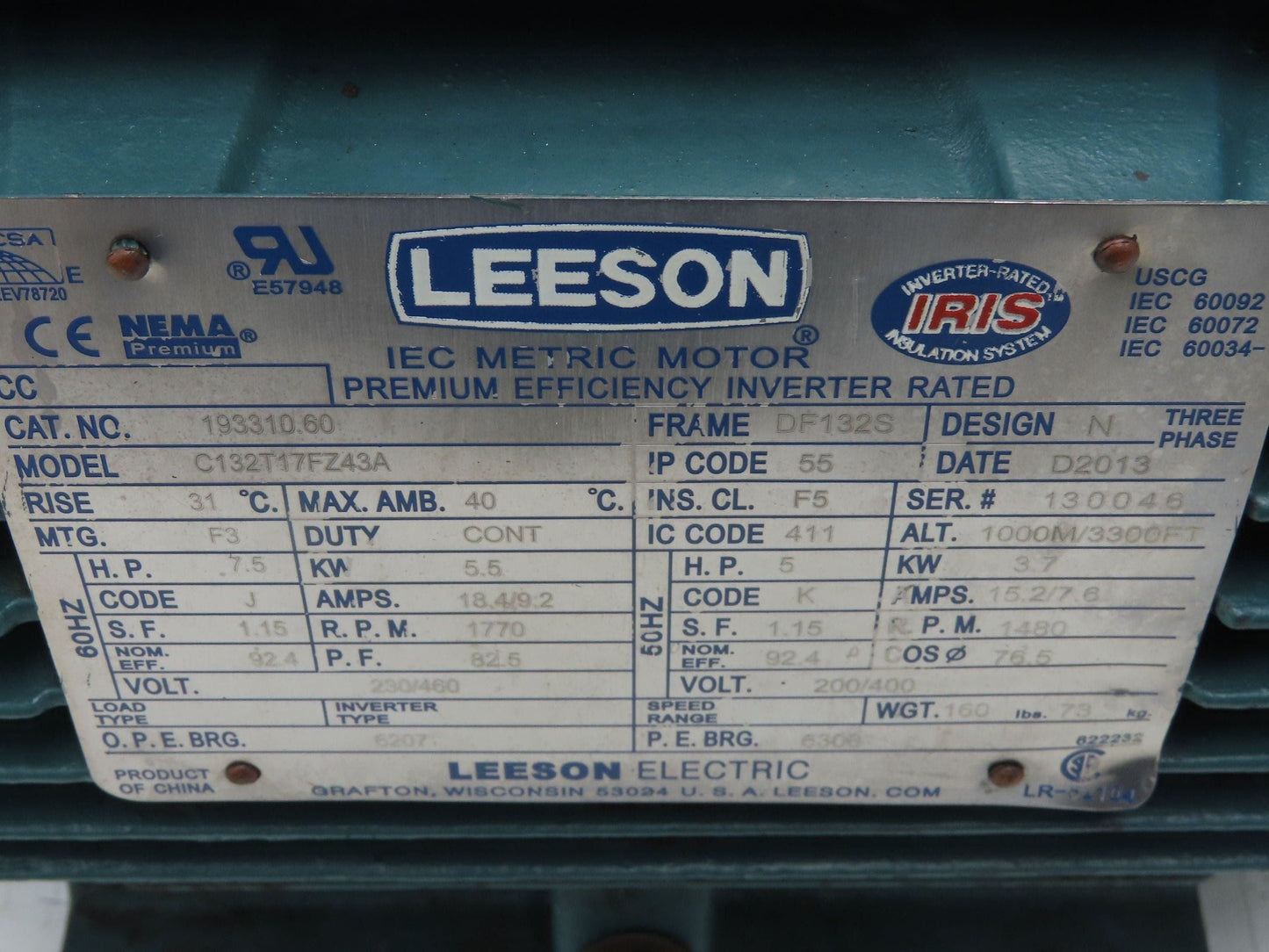 Leeson C132T17FZ43A 193310.60 IEC Metric Motor 7.5Hp 1770rpm 230/460V 3PH DF132S