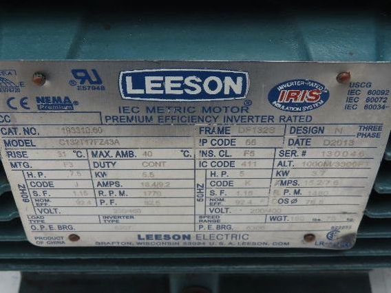 Leeson C132T17FZ43A 193310.60 IEC Metric Motor 7.5Hp 1770rpm 230/460V 3PH DF132S