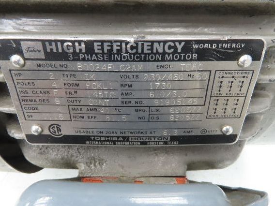 Toshiba/Houston B0024FLC2AM AC Motor 2HP 1730RPM 230/460V 3 Phase 145TC Frame