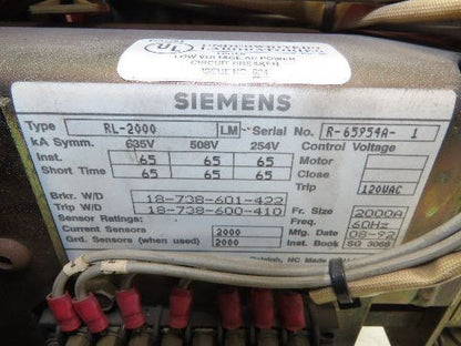 Siemens RL-2000 Air Circuit Breaker 600VAC 2000A Switchgear Static Trip III