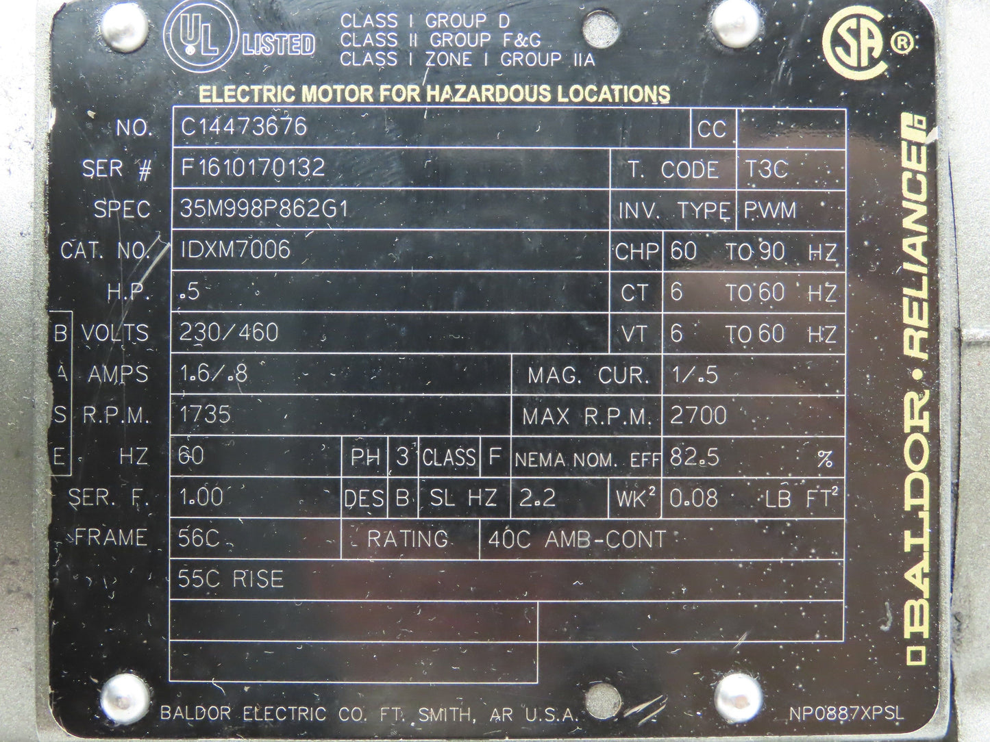 Baldor IDXM7006 AC Motor 1/2Hp 1735rpm 230/460V 3PH 56C-Face Explosion Proof