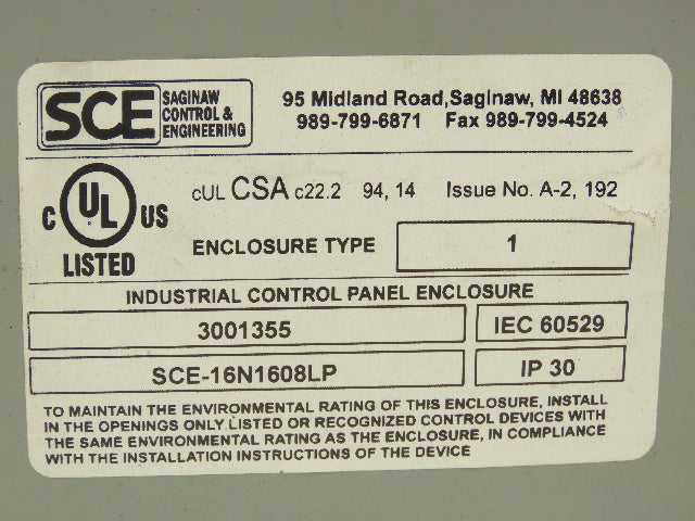 Saginaw SCE-16N1608LP Electrical Enclosure 16x16x8" Wall Mount Junction Box