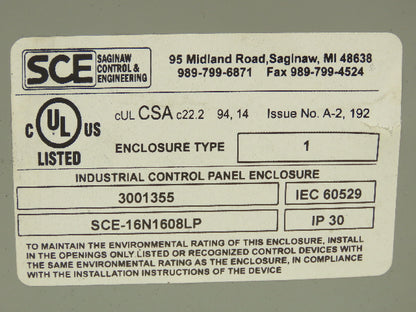 Saginaw SCE-16N1608LP Electrical Enclosure 16x16x8" Wall Mount Junction Box