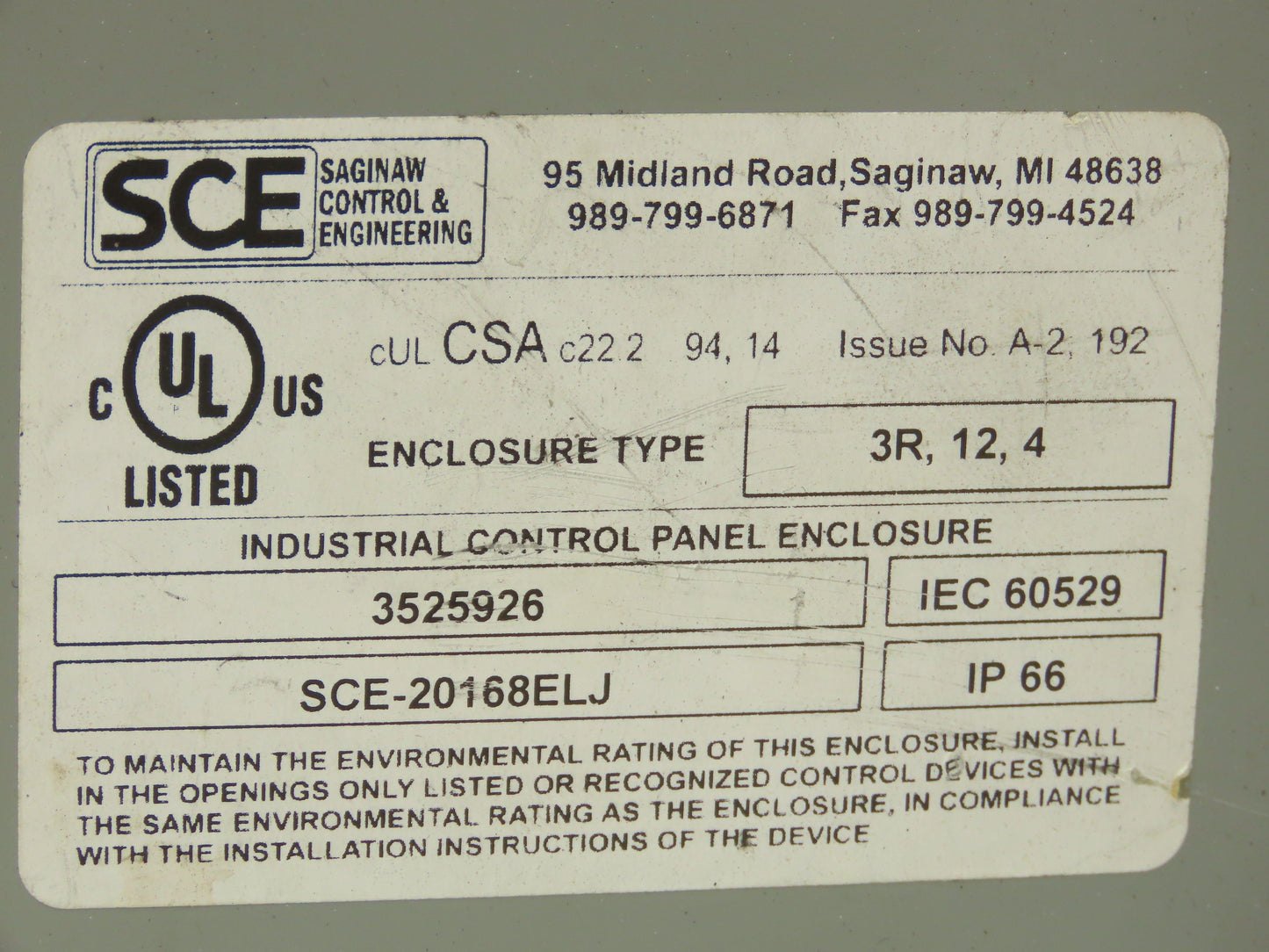 Saginaw SCE-20168ELJ Electrical Enclosure 18x14x8" Wall Mount Junction Box