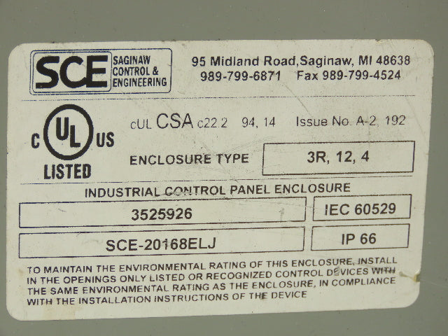 Saginaw SCE-20168ELJ Electrical Enclosure 18x14x8" Wall Mount Junction Box